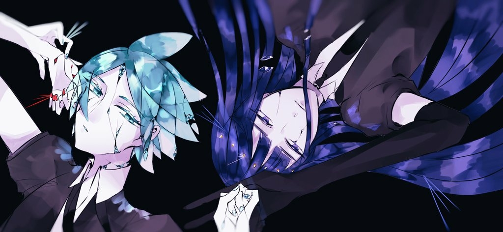 2others, androgynous, aqua_eyes, aqua_hair, bangs, black_background, blue_eyes, blue_hair