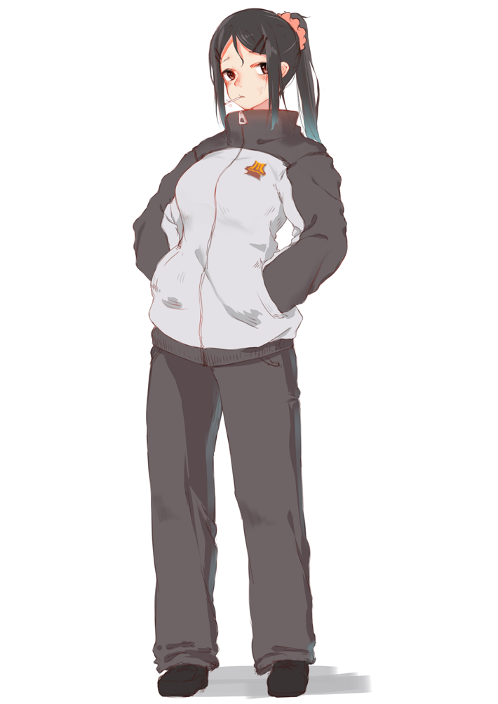 1girl, bangs, black_footwear, black_hair, black_pants, blue_hair, blush, brown_eyes