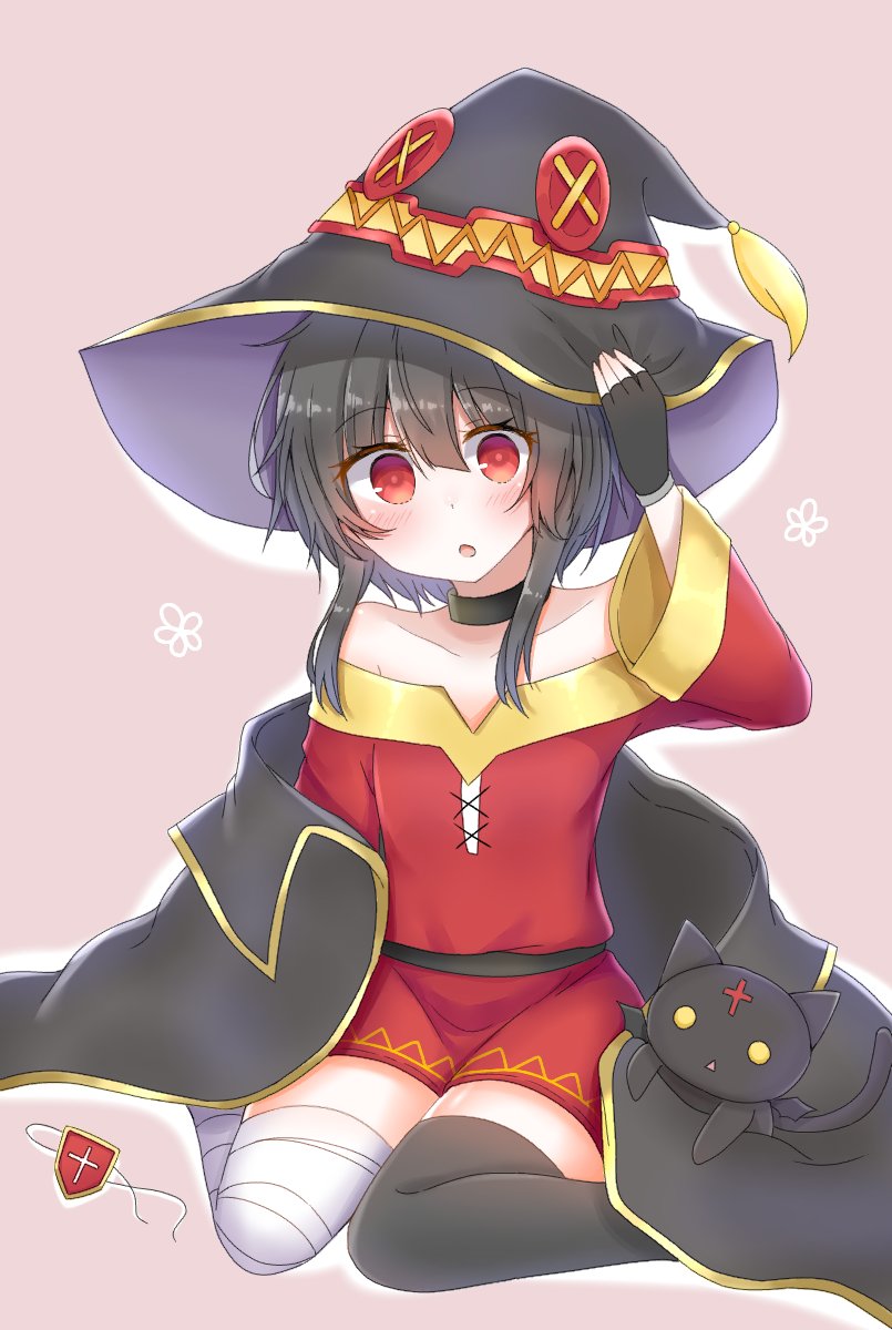 bandage, bandaged_leg, bandages, bangs, bare_shoulders, belt, black_cat, black_cloak