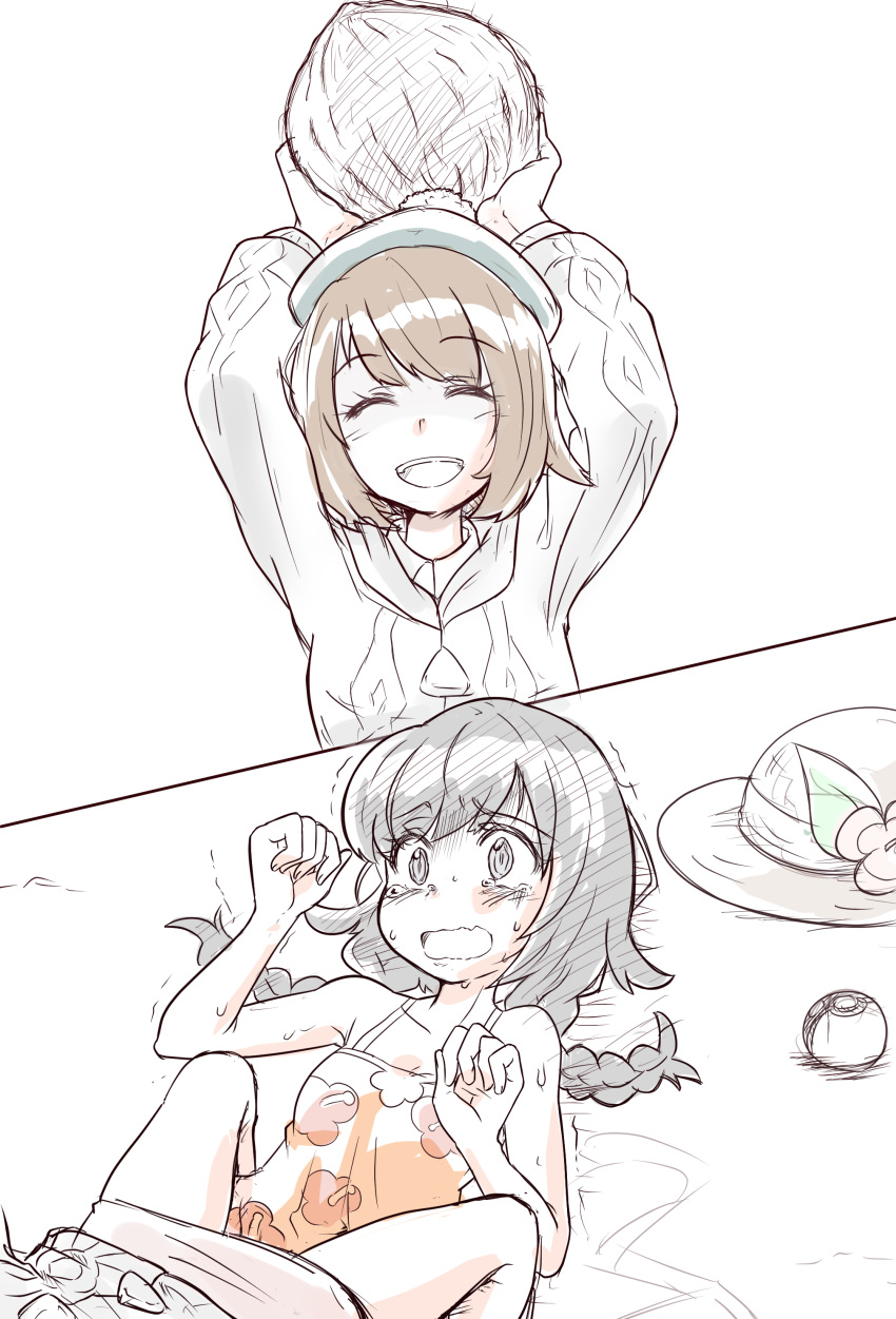 absurdres, arms_up, beret, braid, brown_hair, coconut, creatures_(company), female_protagonist_(pokemon_swsh)