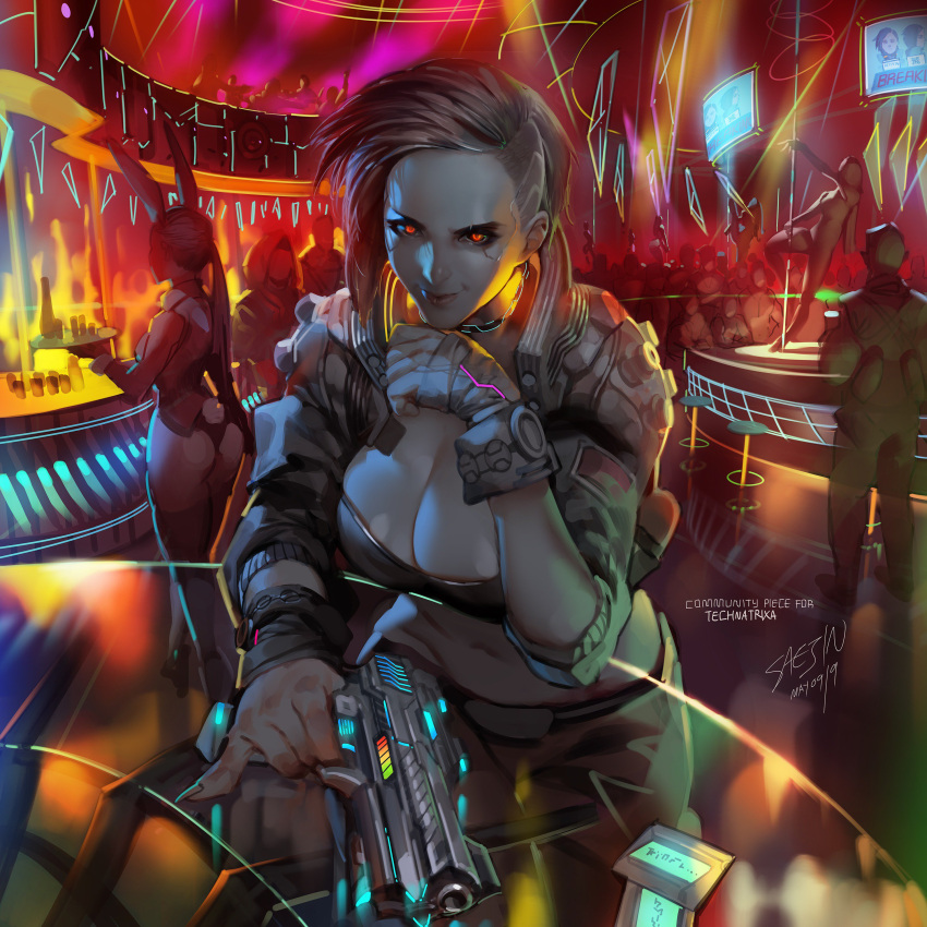 1girl, absurdres, aiming_at_viewer, ass, asymmetrical_hair, breasts, bunny_girl, bunny_tail, bunnysuit, chin_rest, cleavage, cyberpunk, cyberpunk_2077, cyborg, dancing, dated, eyeliner, finger_on_trigger, forehead, glowing, glowing_eyes, gun, handgun, highres, holding, holding_gun, holding_weapon, indoors, large_breasts, leotard, lips, long_hair, looking_at_viewer, makeup, neon_trim, nightclub, nose, pinky_out, pistol, pole_dancing, realistic, red_eyes, redhead, saejin_oh, solo_focus, strapless, strapless_leotard, tail, thigh-highs, undercut, v_(female), weapon, wrist_cuffs