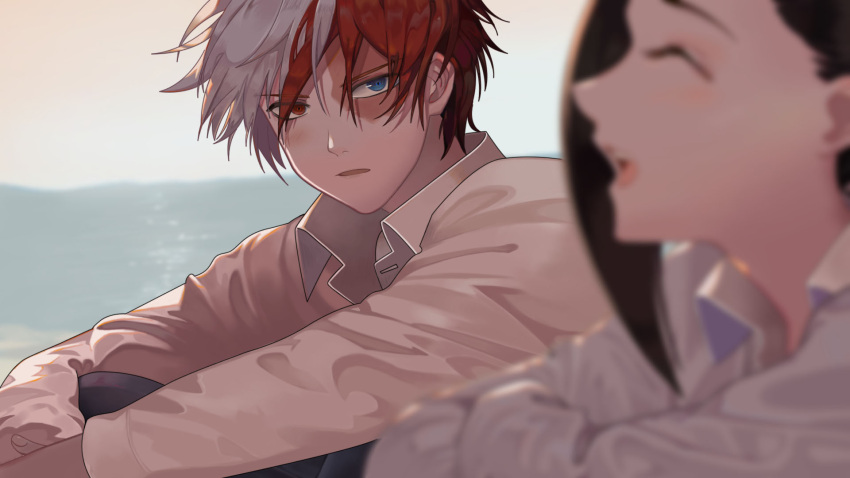 1boy, 1girl, black_hair, blue_eyes, blurry_foreground, boku_no_hero_academia, burn_scar, closed_eyes