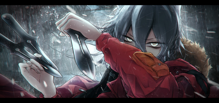 1girl, animal_ears, arknights, bangs, breasts, coat, dagger, expressionless, fur-trimmed_coat, fur_trim, grey_hair, hair_between_eyes, highres, holding, holding_dagger, holding_weapon, hood, hooded_coat, letterboxed, long_hair, messy_hair, outdoors, projekt_red_(arknights), rain, red_coat, rkzrok, sidelocks, slit_pupils, tsurime, weapon, wolf, wolf_ears, yellow_eyes