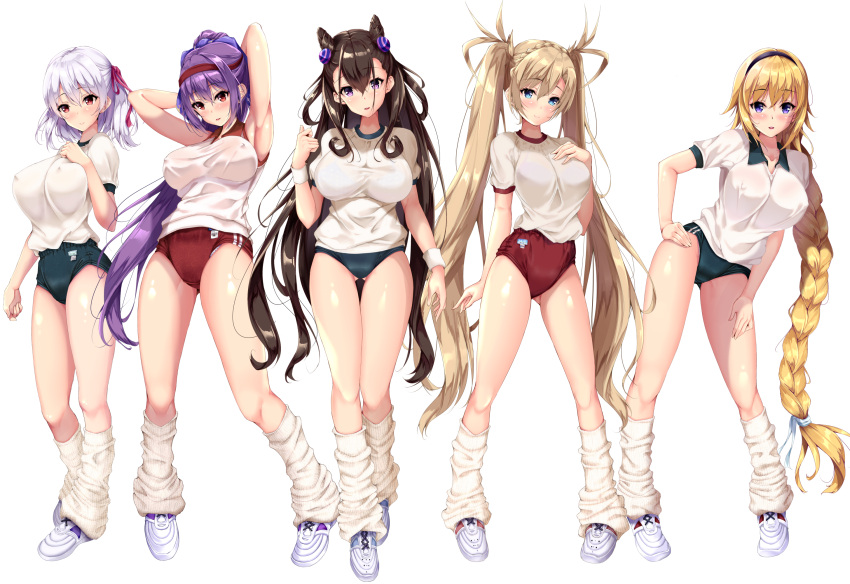 5girls, arms_behind_head, arms_up, bangs, blonde_hair, blue_buruma, blue_eyes, bradamante_(fate/grand_order)