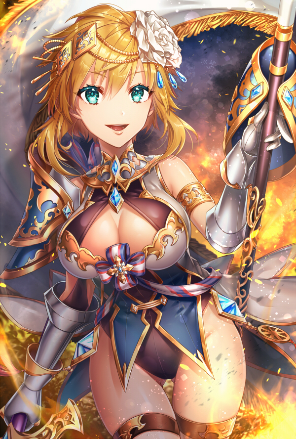 1girl, :d, aqua_eyes, armor, blonde_hair, breasts, brown_leotard, cape