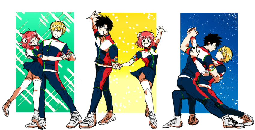 1girl, 2boys, aries_spring, black_hair, blonde_hair, charce_lacroix, dancing, dress
