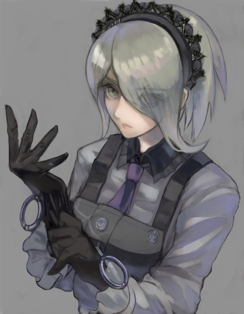 1girl, apron, black_apron, black_gloves, blonde_hair, blue_neckwear, dangan_ronpa, dress