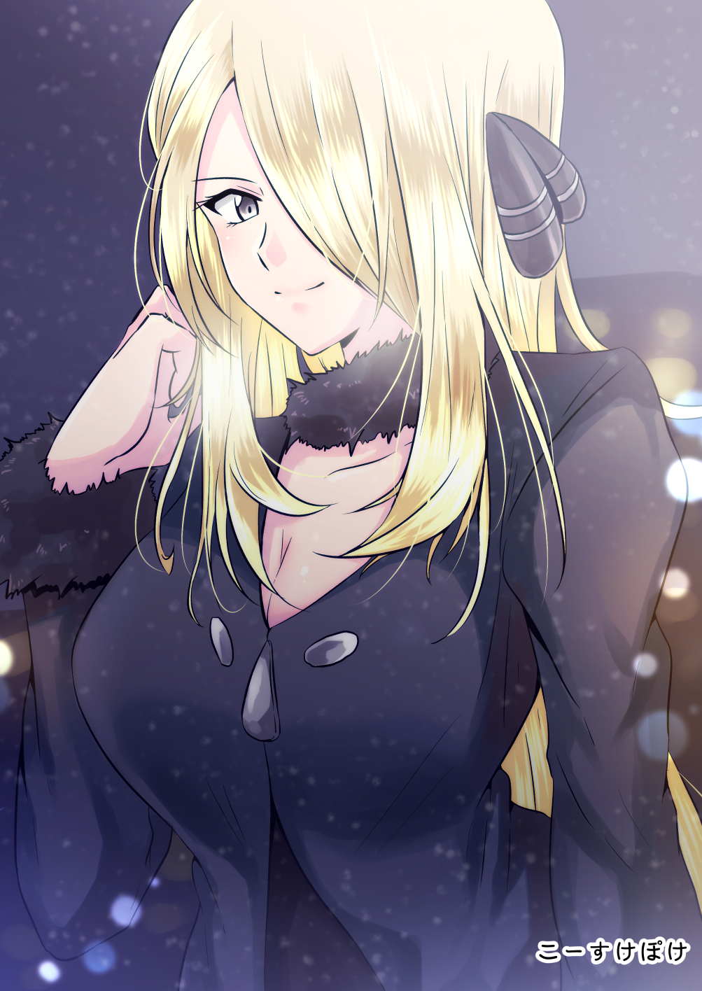 1girl, black_coat, blonde_hair, breasts, cleavage, creatures_(company), fur-trimmed_sleeves, fur_trim, game_freak, grey_eyes, hair_ornament, hair_over_one_eye, hand_in_hair, highres, kousuke_(ko_suke), long_hair, long_sleeves, looking_at_viewer, medium_breasts, nintendo, outdoors, pokemon, pokemon_(game), pokemon_bw, shirona_(pokemon), smile, snowing, solo, upper_body