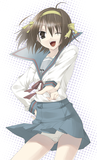 finger_pointing, pointing, school_uniform, serafuku, suzumiya_haruhi, suzumiya_haruhi_no_yuuutsu, underwear, yuizaki_kazuya