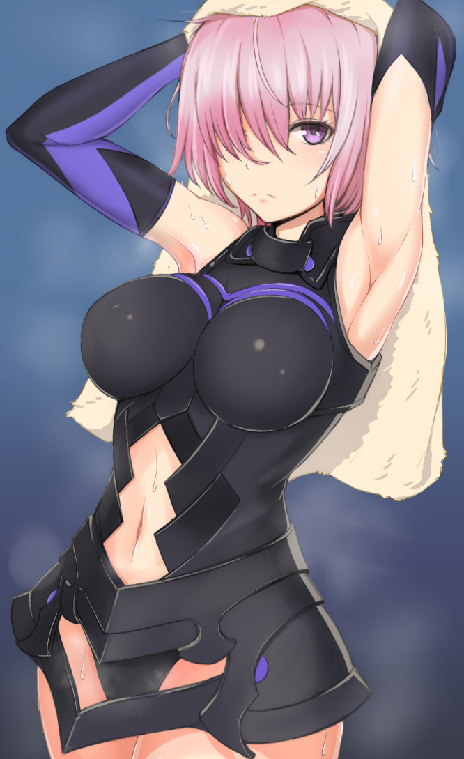 1girl, armor, armored_dress, armpits, arms_up, bare_shoulders, black_dress, blush, breasts, closed_mouth, cowboy_shot, dress, fate/grand_order, fate_(series), hair_over_one_eye, lavender_eyebrows, lavender_hair, looking_at_viewer, mash_kyrielight, medium_breasts, navel, nigane, shielder_(fate/grand_order), short_hair, solo, stomach, sweat, towel, type-moon, violet_eyes, wet