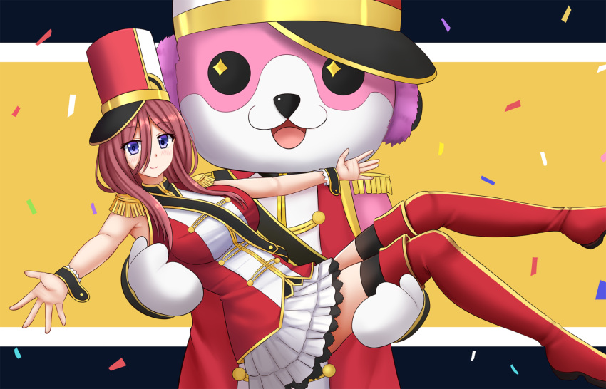 1girl, animal_costume, bang_dream!, bangs, bear_costume, black_legwear, blush, boots