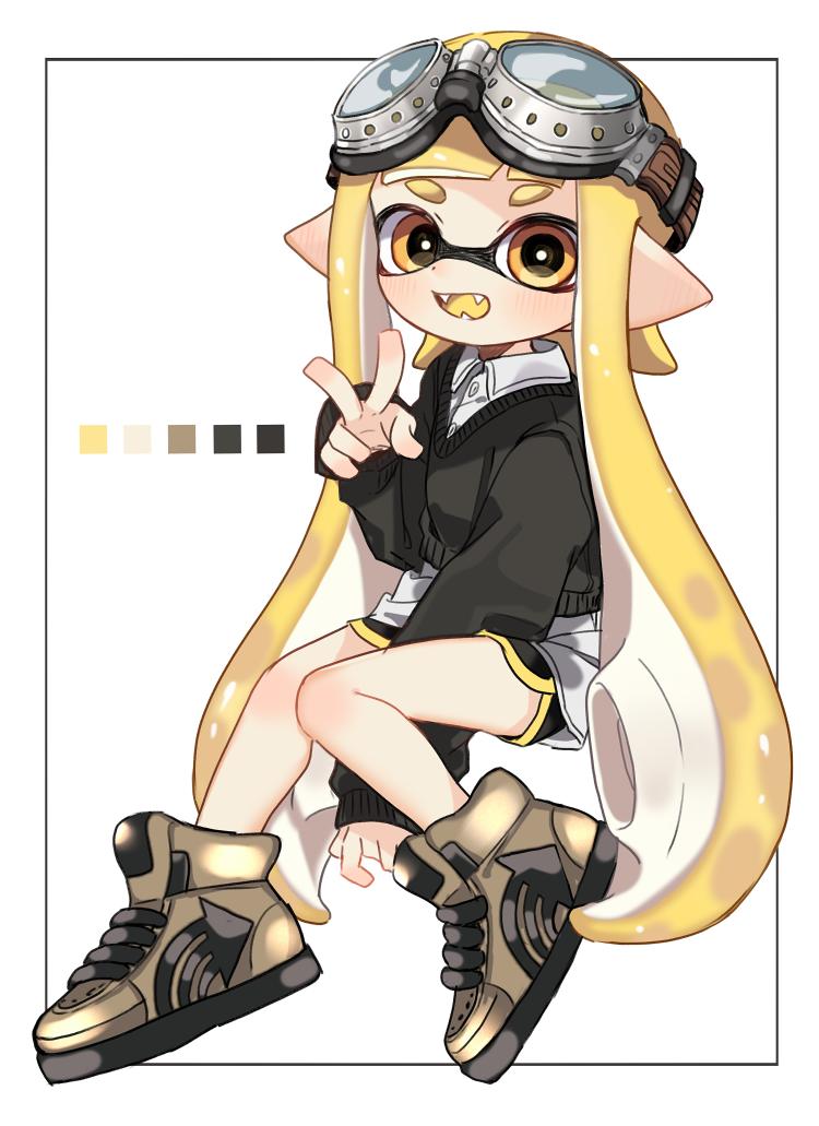 1girl, arm_between_legs, bangs, black_border, black_shorts, black_sweater, blonde_hair, blunt_bangs