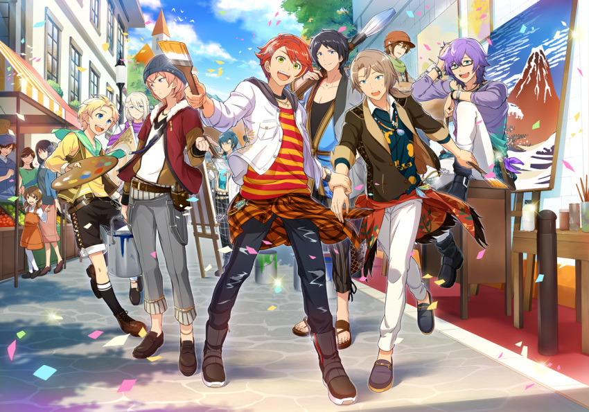 6+boys, beanie, black_legwear, black_shorts, blonde_hair, blue_eyes, blue_hair, brown_footwear