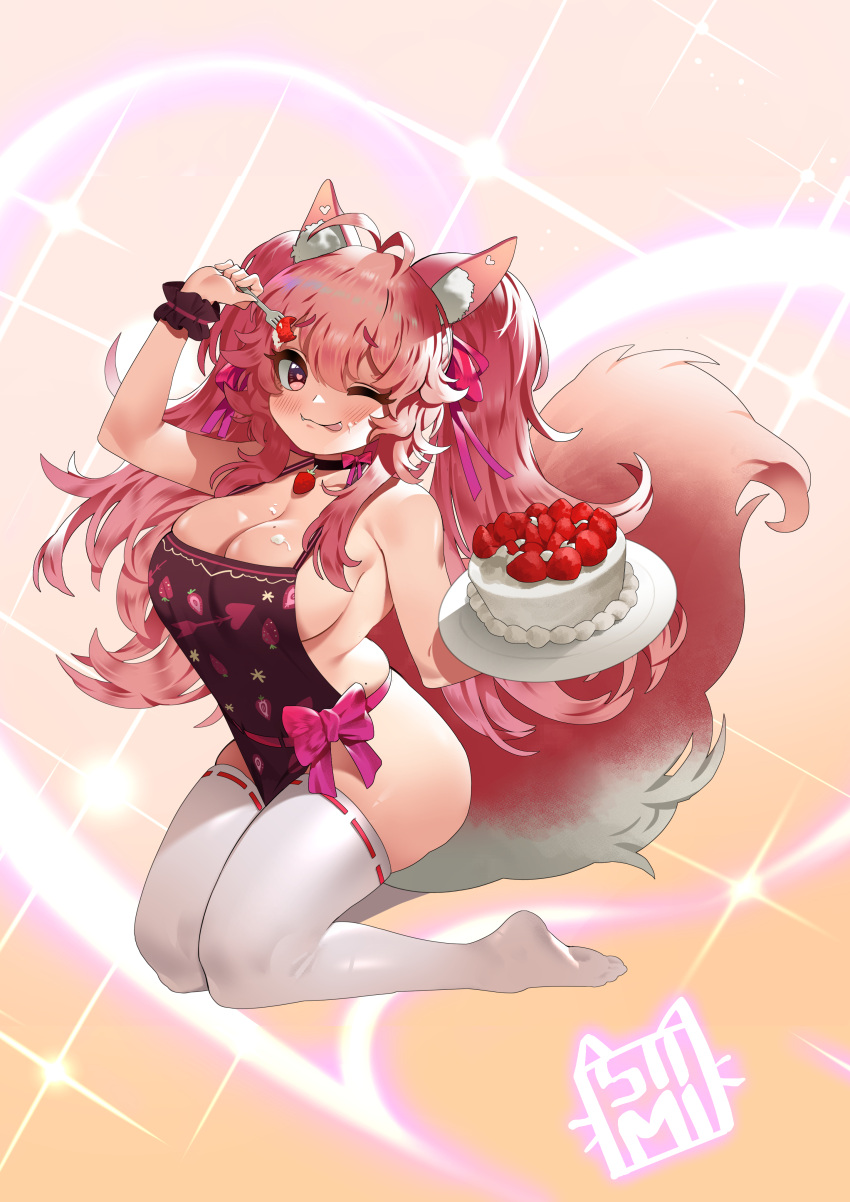 1girl, ;p, absurdres, animal_ear_fluff, animal_ears, apron, blush, breasts