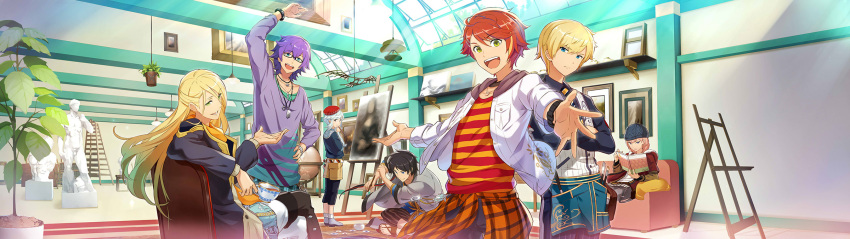6+boys, arm_up, back-to-back, black_hair, blonde_hair, blue_eyes, bracelet, capri_pants, couch, courbet_(palette_parade), crossed_arms, da_vinci_(palette_parade), easel, fine_art_parody, gogh_(palette_parade), green_eyes, highres, hokusai_(palette_parade), jewelry, long_hair, looking_at_viewer, looking_back, male_focus, michelangelo_(palette_parade), mona_lisa, multicolored_hair, multiple_boys, official_art, open_mouth, outstretched_arms, paintbrush, palette_parade, pants, parody, pillbox_hat, pink_hair, plant, potted_plant, reading, redhead, rembrandt_(palette_parade), renoir_(palette_parade), shirt, sidelocks, sitting, sleeves_pushed_up, statue, streaked_hair, striped, striped_pants, striped_shirt, studio