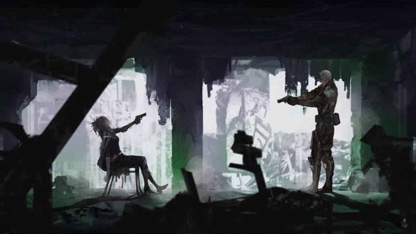 1boy, 1girl, angelina_(girls_frontline), girls_frontline, gun, highres, holding, holding_gun, holding_weapon, infukun, looking_at_another, ruins, sitting, spoilers, weapon, yegor_(girls_frontline)