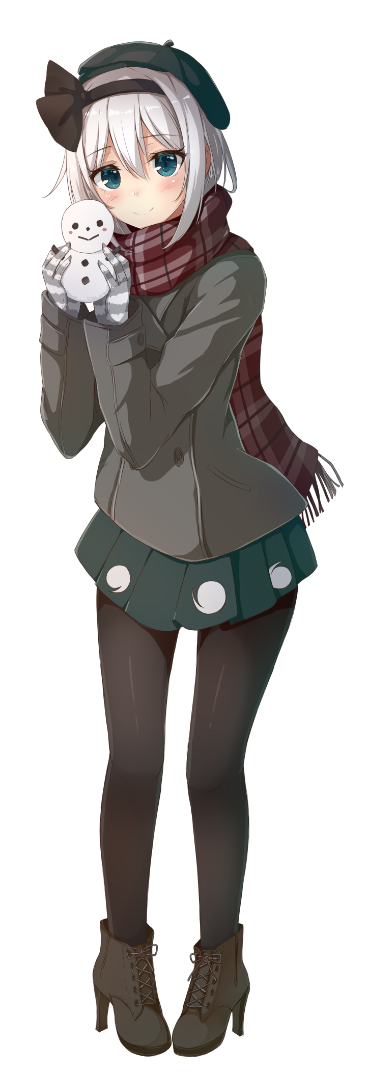 1girl, beret, black_legwear, blue_eyes, blush, boots, brown_footwear, coat