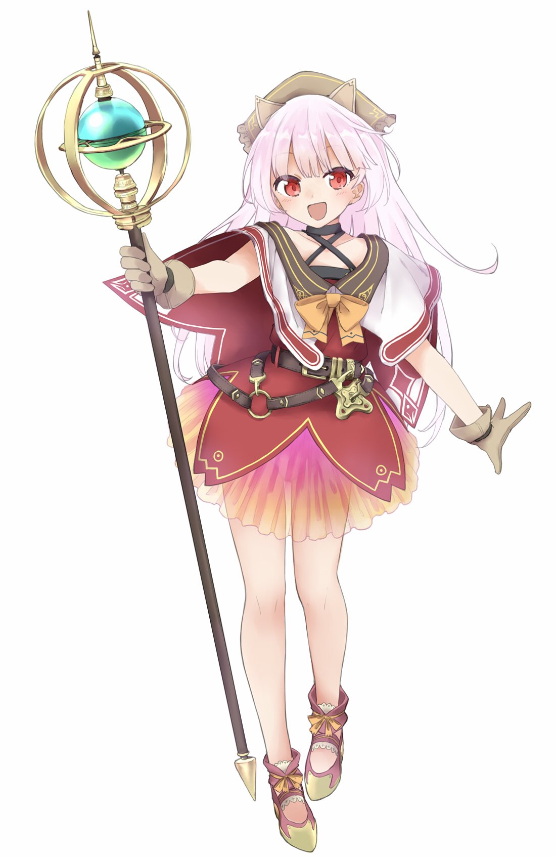 1girl, :d, animal_ears, bangs, black_choker, blush, boots, brown_footwear, brown_gloves, capelet, choker, collarbone, commentary_request, criss-cross_halter, dress, eyebrows_visible_through_hair, fiora_ariete, gloves, hair_between_eyes, halterneck, head_scarf, highres, holding, holding_staff, long_hair, looking_at_viewer, open_mouth, original, pink_hair, red_dress, red_eyes, see-through, sekira_ame, simple_background, smile, solo, staff, very_long_hair, white_background, white_capelet