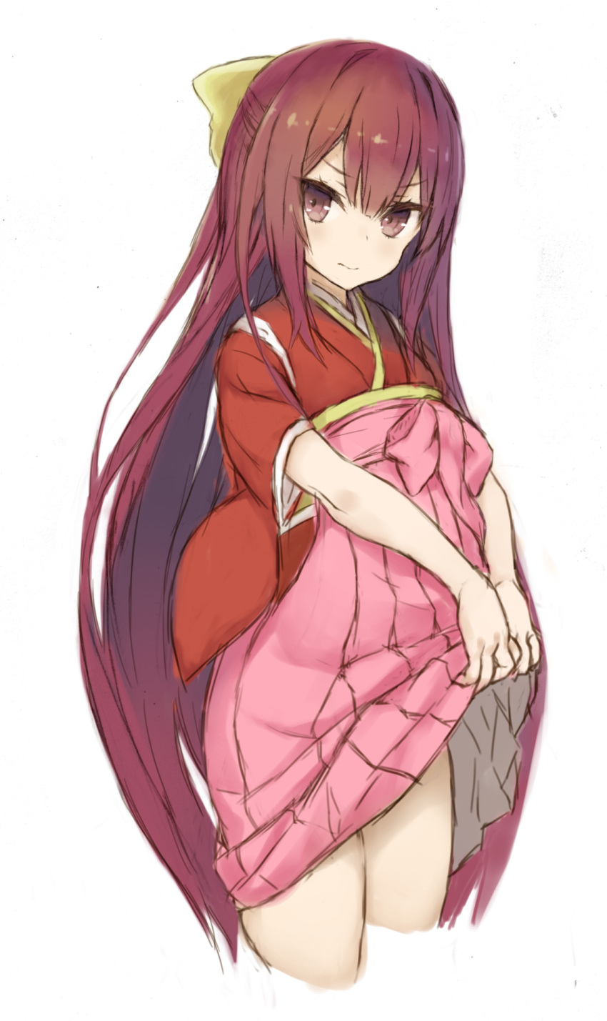 1girl, bow, brown_eyes, brown_hair, cropped_legs, goekawa, hair_bow, hakama