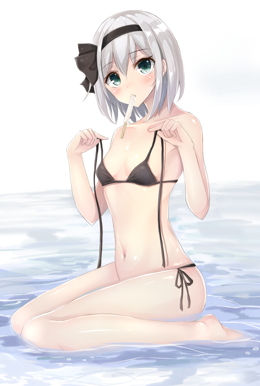 1girl, bangs, bare_arms, bare_legs, bare_shoulders, barefoot, bikini, black_bikini
