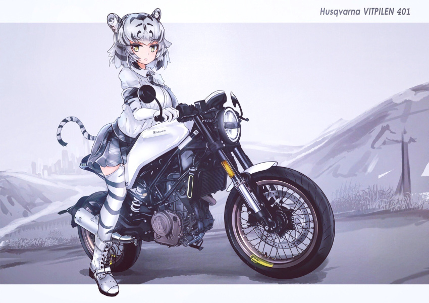1girl, animal_ears, black_hair, blush, boots, collared_shirt, commentary_request, dora_(dr3032), elbow_gloves, eyebrows_visible_through_hair, garter_straps, gloves, ground_vehicle, highres, kemono_friends, motor_vehicle, motorcycle, multicolored_hair, necktie, plaid, plaid_neckwear, plaid_skirt, plaid_trim, pleated_skirt, print_gloves, print_legwear, shirt, short_hair, short_sleeves, skirt, solo, tail, thigh-highs, tiger_ears, tiger_tail, white_hair, white_tiger_(kemono_friends), white_tiger_print, yellow_eyes, zettai_ryouiki
