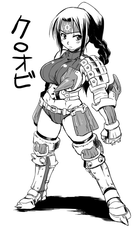 armor, asymmetrical_clothes, bangs, belt, blush, boots, boyshorts, braid