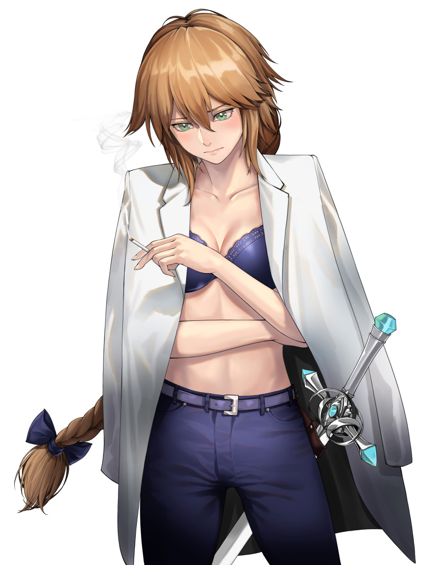 1girl, absurdres, belt, blonde_hair, blue_bow, blue_bra, bow, bra