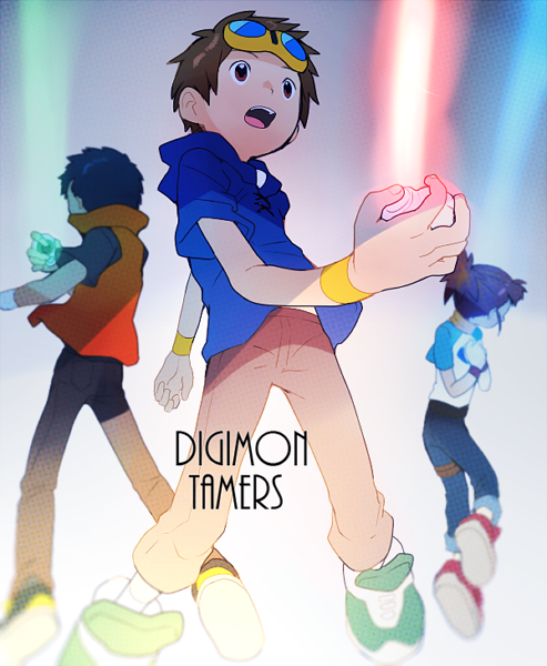1girl, 2boys, blue_hair, brown_eyes, brown_hair, commentary_request, denim, digimon, digimon_tamers, goggles, goggles_on_head, jeans, li_jianliang, makino_ruki, matsuda_takato, multiple_boys, pants, ponytail, raglan_sleeves, shirt, short_hair, simple_background, t_k_g, wristband