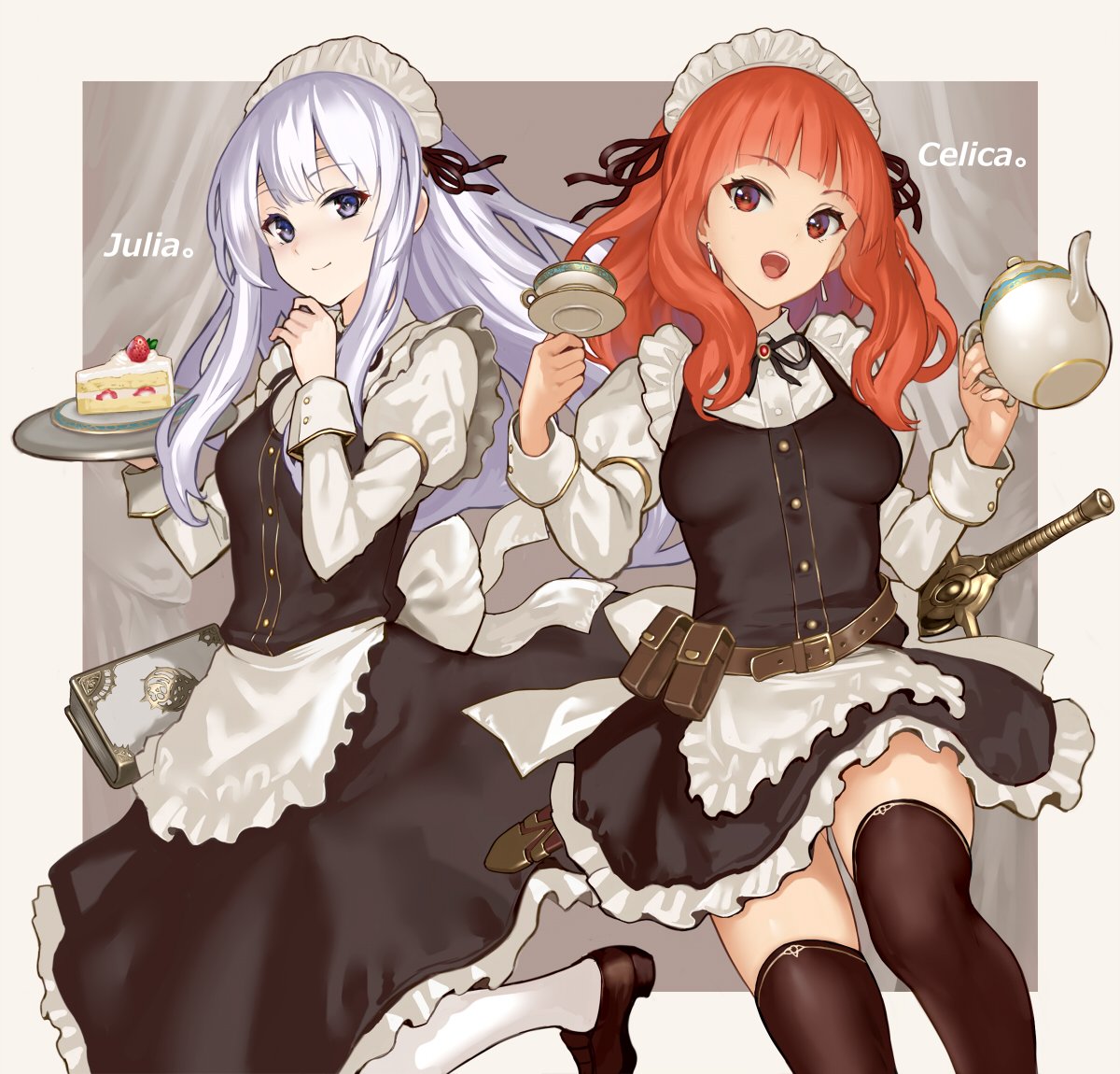 2girls, alternate_costume, belt, belt_pouch, book, cake, celica_(fire_emblem), character_name
