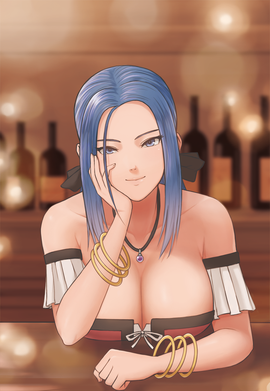1girl, bangle, bar, bare_shoulders, bartender, black_ribbon, blue_eyes, blue_hair, blurry, blurry_background, bottle, bracelet, breasts, cleavage, closed_mouth, collarbone, corset, counter, depth_of_field, detached_sleeves, dragon_quest, dragon_quest_ix, hair_ribbon, hand_on_own_cheek, head_rest, head_tilt, highres, indoors, jewelry, large_breasts, light_particles, long_hair, looking_at_viewer, miru_(wvjc7832), necklace, ribbon, ruida, shiny, shiny_hair, sidelocks, smile, solo, tsurime, upper_body, white_ribbon, wine_bottle