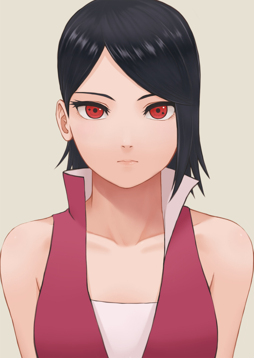 1girl, bangs, bare_shoulders, black_hair, boruto:_naruto_next_generations, brown_background, closed_mouth, collarbone