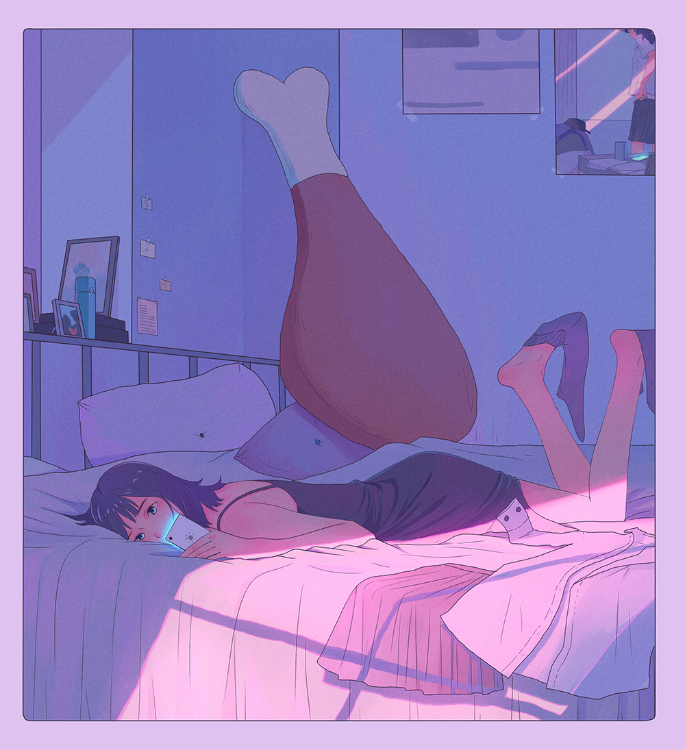 1girl, bare_arms, blue_eyes, blue_hair, blue_legwear, border, cellphone, chicken_leg