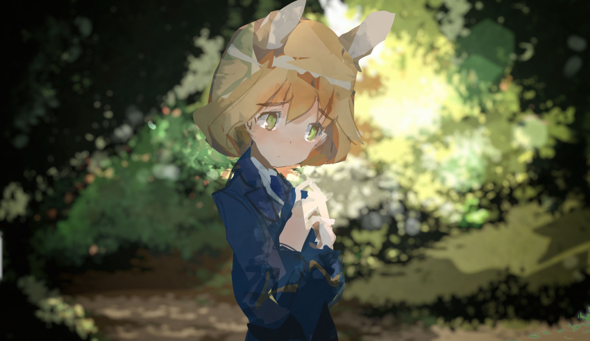 1girl, :/, absurdres, amelie_planchard, animal_ears, blonde_hair, blurry, depth_of_field