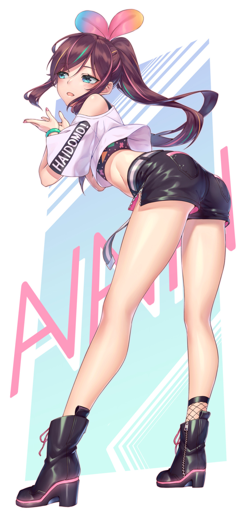 1girl, :d, a.i._channel, absurdres, aiaiai, ass, bangs, bare_shoulders, belt, black_choker, blonde_hair, blue_eyes, blush, boots, bow, breasts, brown_hair, choker, clothes_writing, crop_top, crop_top_overhang, eyebrows_visible_through_hair, hairband, hands_up, highres, kizuna_ai, legs, long_hair, looking_away, medium_breasts, midriff, multicolored_hair, nail_polish, neko7, neon_trim, off_shoulder, open_mouth, pink_hair, pink_hairband, pink_nails, ponytail, short_shorts, shorts, smile, solo, streaked_hair, thigh-highs, thighs, virtual_youtuber, wristband, zipper