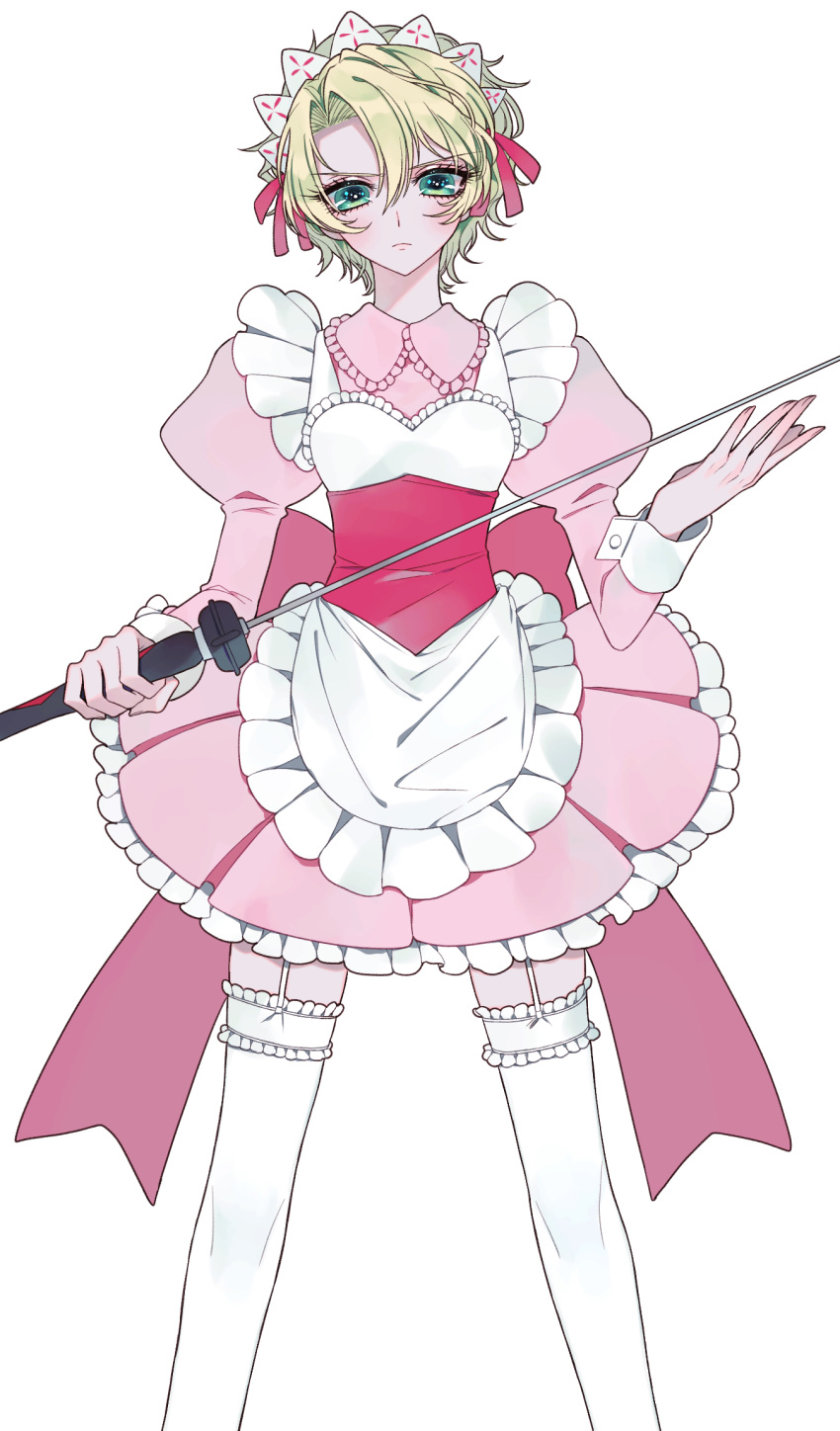 1boy, alternate_costume, apron, aqua_eyes, blonde_hair, blush, bow, crossdressinging