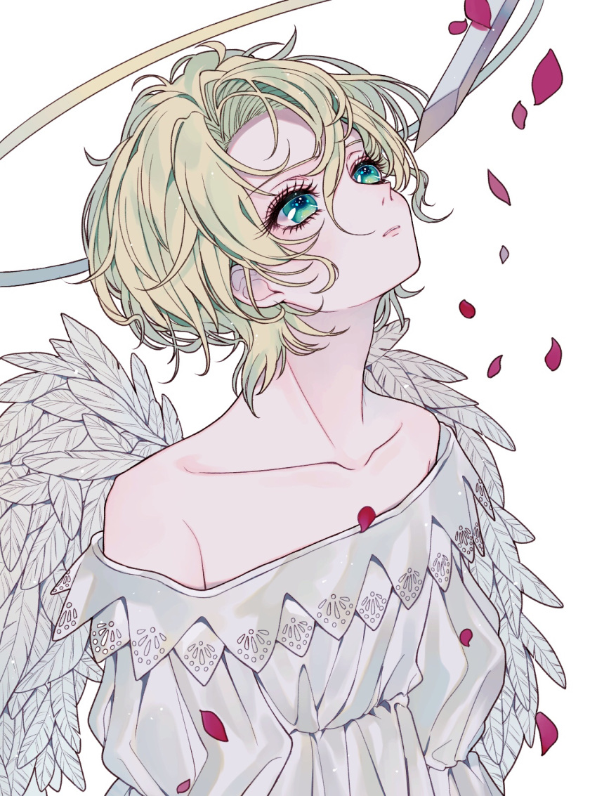1boy, angel, aqua_eyes, blonde_hair, don_(macaron_panda13), hair_between_eyes, halo, highres