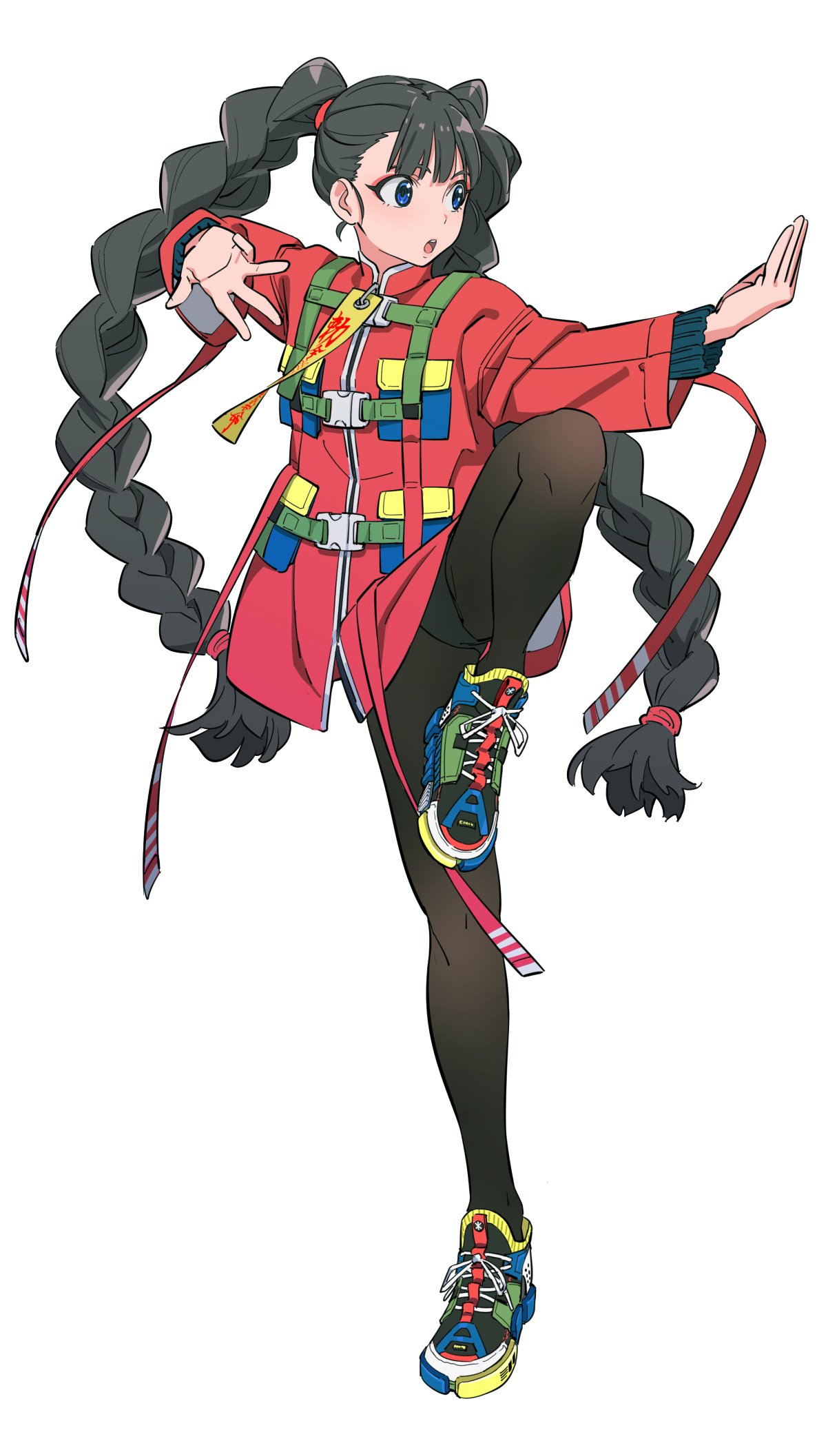 1girl, :o, belt, black_hair, blue_eyes, braid, fighting_stance, flat_color