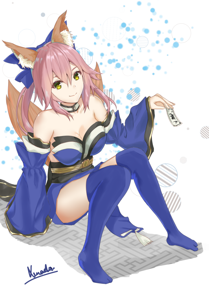 1girl, animal_ears, asurada_yui, backless_kimono, blue_bow, blue_kimono, blue_legwear, blue_sleeves