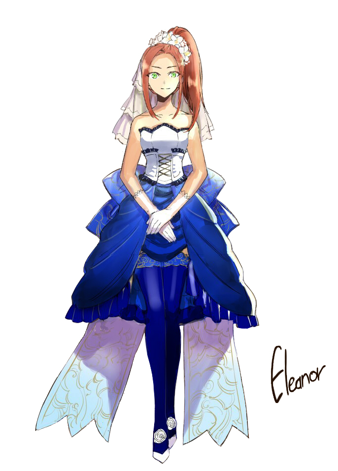 1girl, ankle_flower, aonagi_(a-lot-of), asymmetrical_hair, belt, black_legwear, blue_bow, blue_skirt, bow, brown_hair, bustier, character_name, collarbone, eleanor_hume, flower, full_body, gloves, green_eyes, hair_flower, hair_ornament, hands_together, head_wreath, high_ponytail, long_hair, looking_at_viewer, medium_skirt, pumps, shiny, shiny_hair, side_ponytail, simple_background, skirt, sleeveless, smile, solo, standing, tales_of_(series), tales_of_berseria, thigh-highs, white_background, white_flower, white_footwear, white_gloves