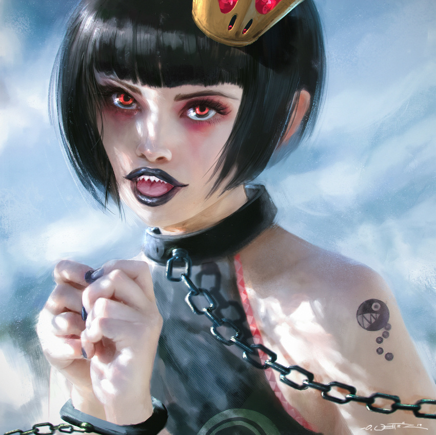 1girl, bangs, bare_shoulders, black_hair, black_lipstick, black_nails, blunt_bangs, bob_cut