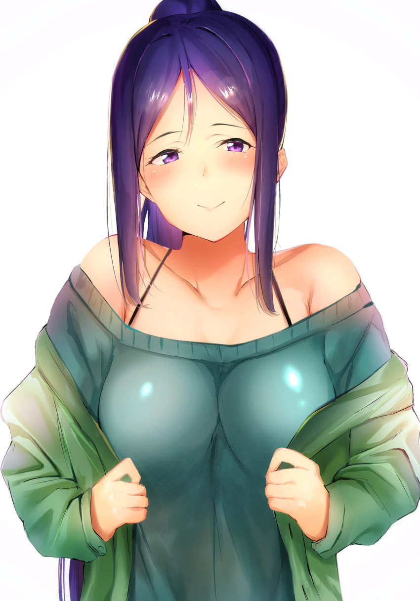 1girl, aqua_sweater, bangs, bare_shoulders, blush, breasts, collarbone, green_jacket