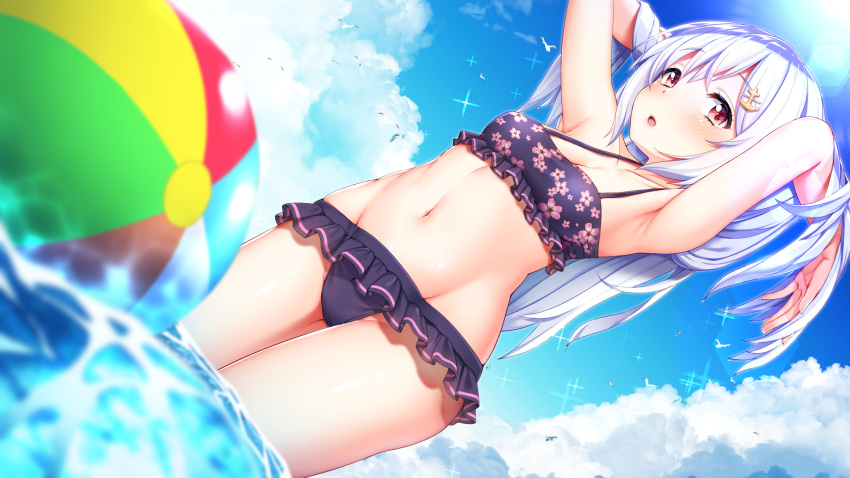.live, 1girl, :o, ajifurai, anchor_hair_ornament, armpits, arms_behind_head, ball