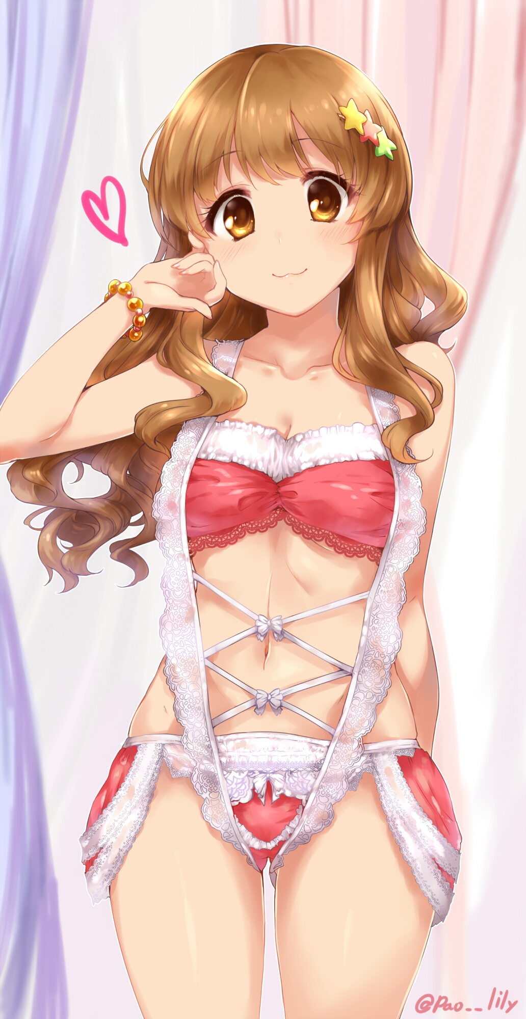 1girl, :3, arm_behind_back, arm_up, bangs, bare_arms, bare_shoulders, blush