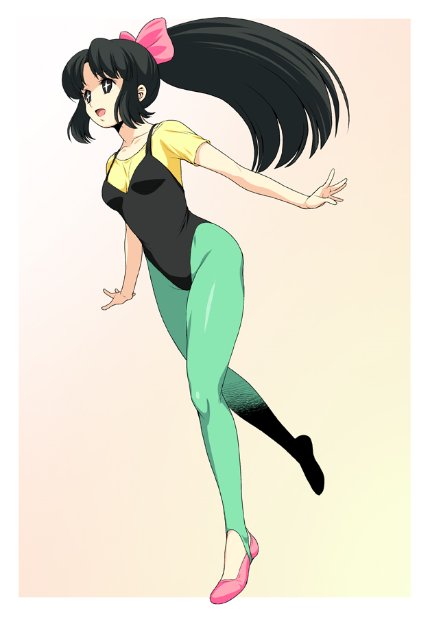 +_+, 1girl, black_hair, black_leotard, collarbone, commentary_request, full_body, green_legwear