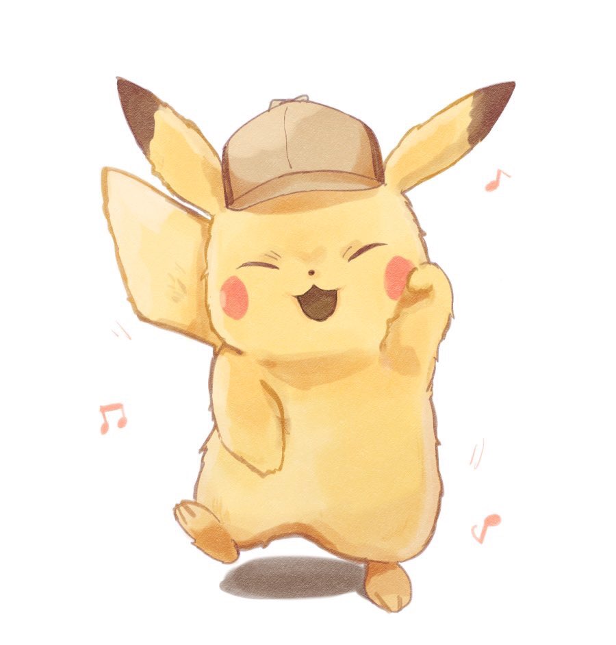 blush_stickers, closed_mouth, commentary, creature, creatures_(company), dancing, deerstalker, detective_pikachu