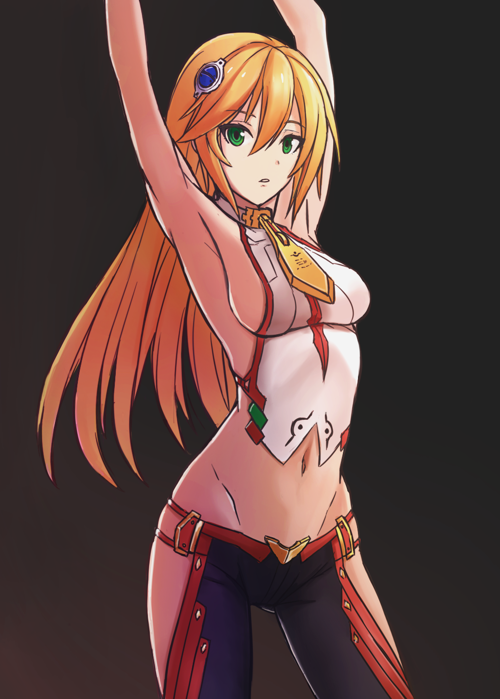 1girl, armpits, arms_up, black_background, black_pants, blazblue, breasts, cosplay, green_eyes, hair_ornament, hairclip, halter_top, halterneck, highres, hip_vent, long_hair, lowleg, lowleg_pants, mai_natsume, mai_natsume_(cosplay), medium_breasts, navel, no_bra, no_panties, noel_vermillion, pants, revision, sideboob, solo, yoyuki, zipper_pull_tab