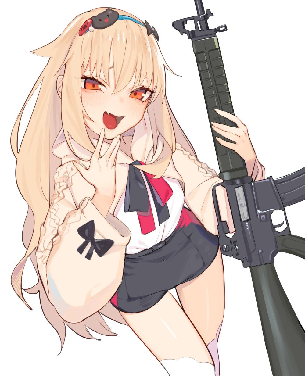 1girl, assault_rifle, bangs, black_shorts, cat_hair_ornament, girls_frontline, gun, hair_ornament, headband, highres, holding, holding_gun, holding_weapon, hood, hood_down, juz, light_brown_hair, long_hair, looking_at_viewer, open_mouth, orange_eyes, rifle, shirt, shorts, sidelocks, simple_background, solo, sweater, t65_(girls_frontline), t65_assault_rifle, weapon, white_background, white_legwear, white_shirt