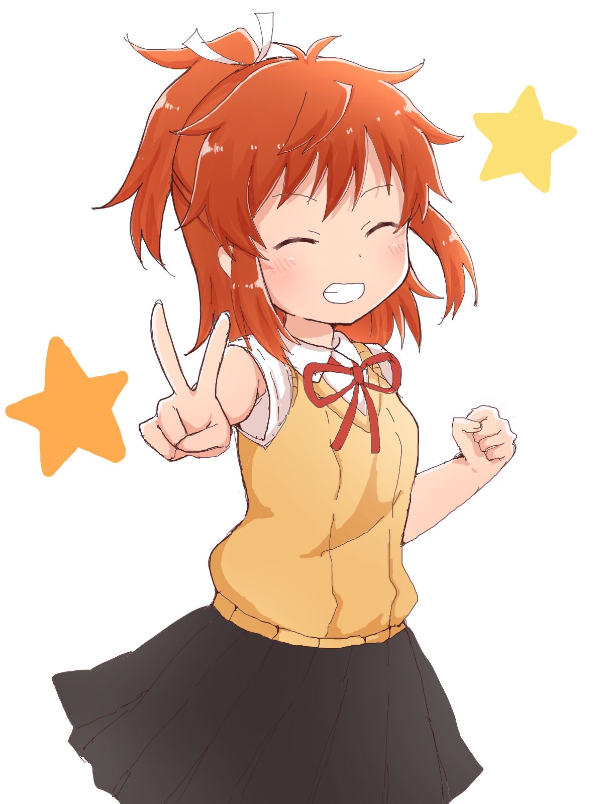 1girl, ^_^, bangs, black_skirt, blush, brown_hair, closed_eyes, collared_shirt