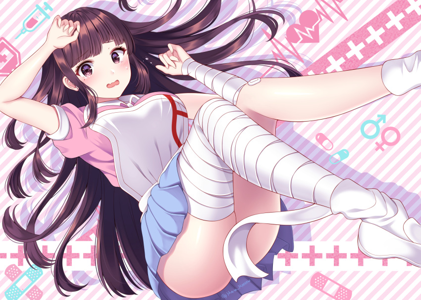 1girl, apron, bandage, bandaged_arm, bandaged_leg, bandages, bangs, blue_skirt