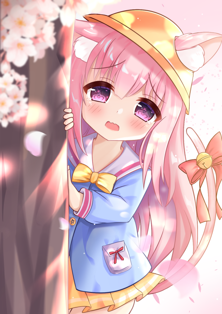 1girl, animal_ears, azur_lane, bangs, behind_tree, bell, blue_shirt, blush